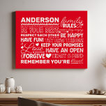 Personalisierte Familiennamen Positiv Red Künstlicher Leinwanddruck<br><div class="desc">Mit diesem personalisierten, roten Leinenprint schaffen Sie eine warme und einladende Atmosphäre in Ihrer Zuhause. Mit einem modernen Design mit herzzerwärmenden Familienregeln und Platz, um Ihren Familiennamen in weißem Text zu ergänzen, ist diese Wandkunst eine schöne Art, Ihre einzigartige Bindung zu feiern. Eine perfekte Ergänzung zu Ihrem Wohnzimmer, Ihrer Küche...</div>