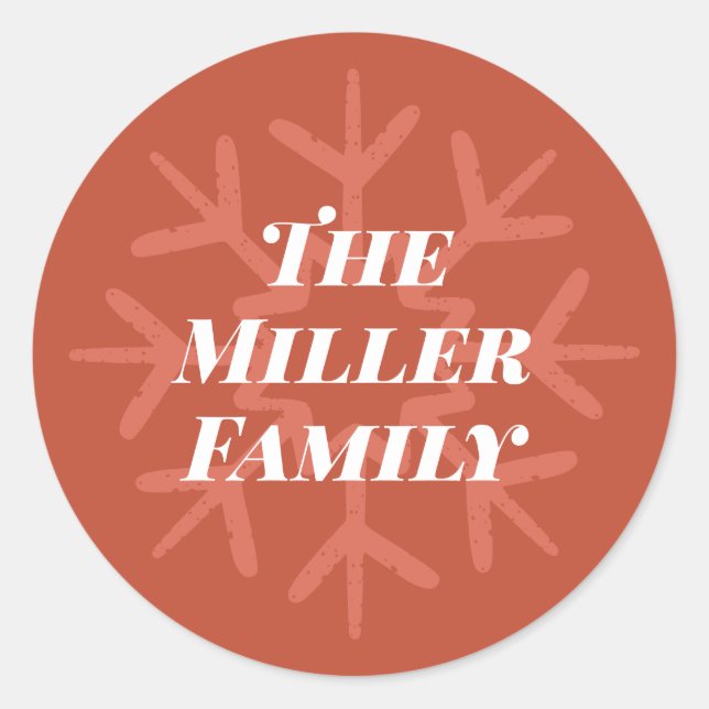 Personalisierte Familiensignatur Snowflake Rot Runder Aufkleber (Vorderseite)