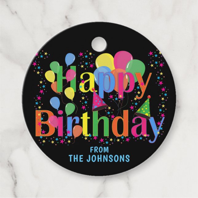 Personalisierte, farbenfrohe Balloons GLÜCKLICH GE Geschenkanhänger (Vorderseite)