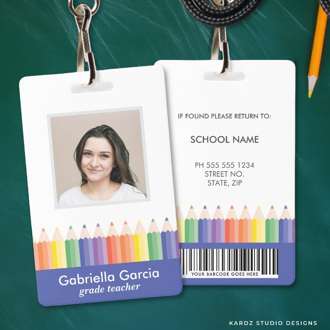Personalisierte farbenfrohe Barcode-ID für Schulle Ausweis (Front and back are shown. Customize and choose attachment: lanyard, retractable, or metal clip)