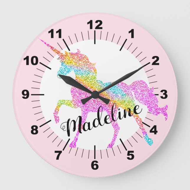 Personalisierte, farbenfrohe Einhorn-Großuhr Große Wanduhr (Vorderseite)