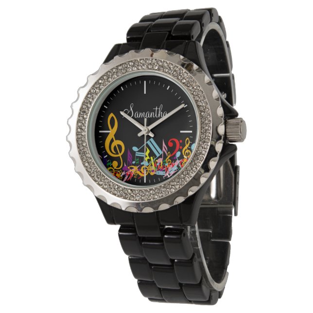 Personalisierte, farbenfrohe Jumbled-Musiknoten au Armbanduhr (Schrägansicht)