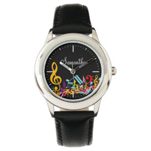 Personalisierte farbenfrohe Musiknote auf Schwarz Armbanduhr
