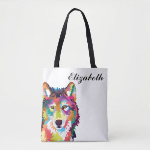 Personalisierte Farbenfrohe Pop Art Wolf Tasche