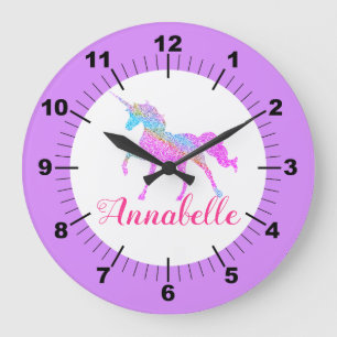 Personalisierte farbige Einhorn Große Wanduhr
