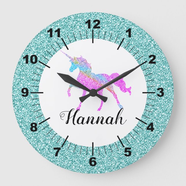 Personalisierte farbige Einhorn Große Wanduhr (Vorderseite)