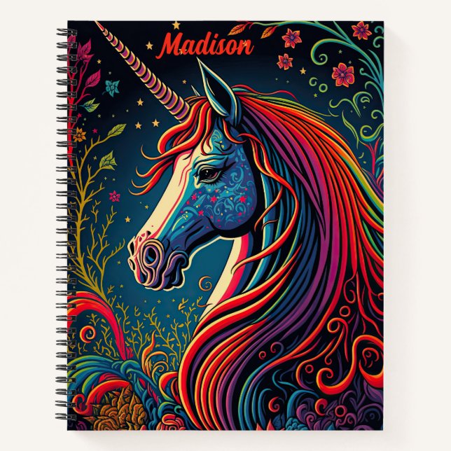 Personalisierte Farbige Einhorn und Blume Notizbuch (Vorderseite)
