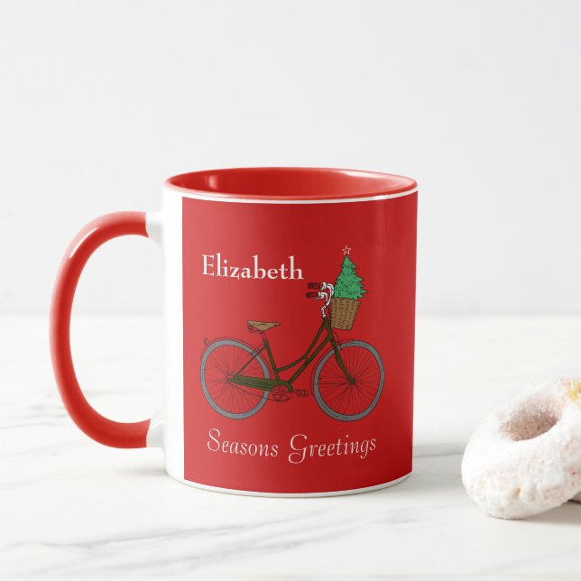 Personalisierte festliche Fahrradfahrer Frohe Fest Tasse (Mit Donut)