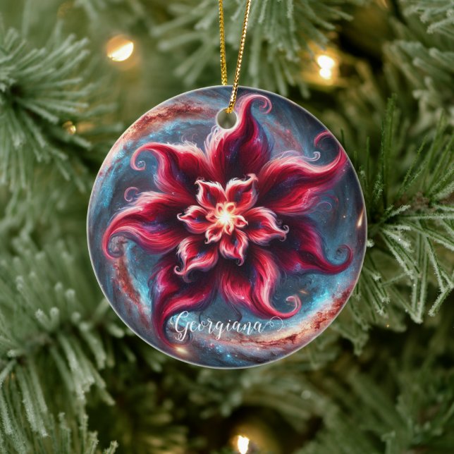 Personalisierte festliche Poinsettia Galaxie Keramik Ornament (Baum)