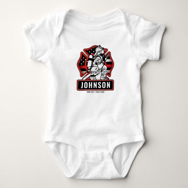 Personalisierte Feuerwehrfeuerfestungsflagge Baby Strampler (Vorderseite)