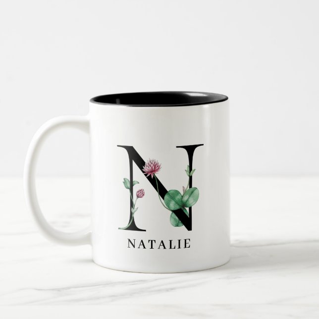 Personalisierte Floral Alphabet N Monogramm Zwei-T Zweifarbige Tasse (Links)
