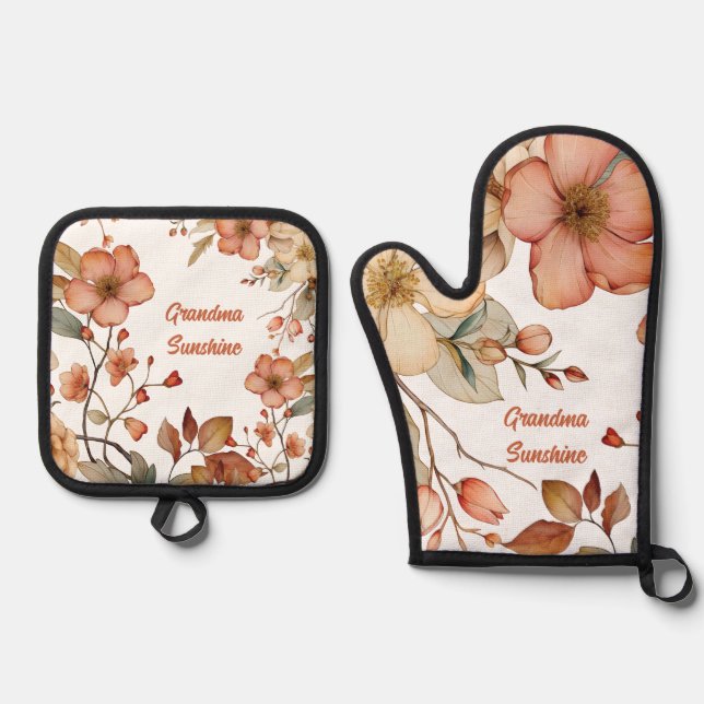 Personalisierte florale Monogramm Ofenhandschuh & Topflappen-Set (Vorderseite)