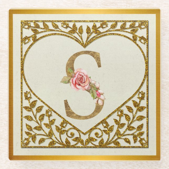 Personalisierte florale Monogramm von A bis Z Glasuntersetzer (Vorderseite)