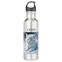 Personalisierte Fluffy White Kitten im Schnee Edelstahlflasche