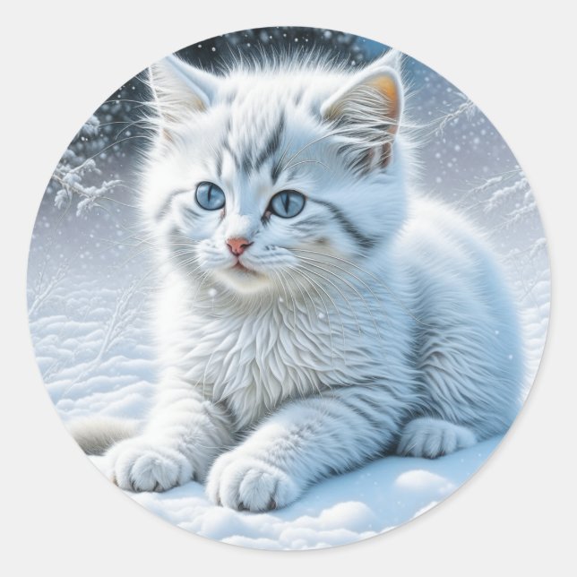 Personalisierte Fluffy White Kitten im Schnee Runder Aufkleber (Vorderseite)