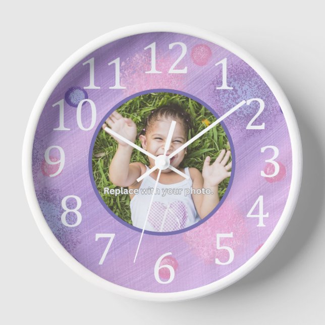 Personalisierte Foto-Lavendelrahmen-Uhr Uhr (Vorderseite)