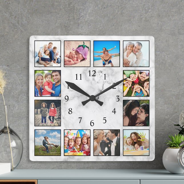 Personalisierte FotoCollage Stilweiser weißer Marm Quadratische Wanduhr (Von Creator hochgeladen)