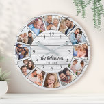 Personalisierte Fotocollage White Wood-Familie Runde Wanduhr<br><div class="desc">Kreieren Sie einfach Ihre eigene personalisierte,  weiße Holzplanke im Bauernhausstil mit Ihren individuellen Fotos,  Familienname und festem Jahr. Um die besten Ergebnisse zu erzielen,  schneiden Sie die Bilder vor dem Hochladen auf Quadrat - mit dem Fokuspunkt in der Mitte.</div>