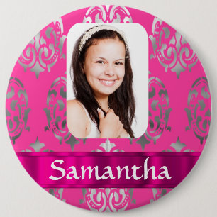 Personalisierte Fotovorlage für rosa Damast Button
