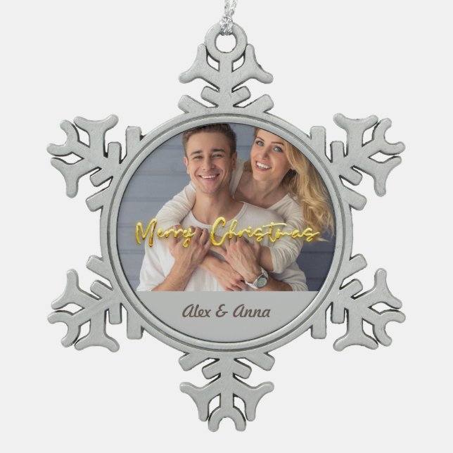 Personalisierte Fotovorlage Gold und Grau Merry Schneeflocken Zinn-Ornament (Vorderseite)