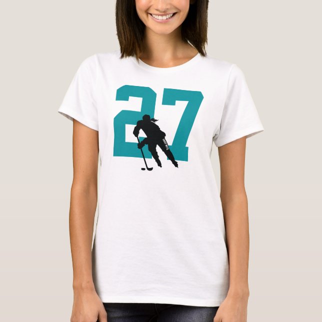 Personalisierte Frauenhockey-Spielernummer Aquamar T-Shirt (Vorderseite)