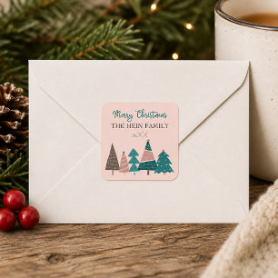 Personalisierte Frohe Weihnachten Pink Bäume Quadratischer Aufkleber