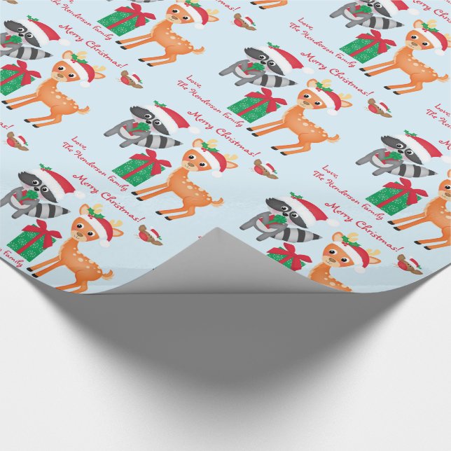 Personalisierte frohe Weihnachtsbaumtiere Geschenkpapier (Ecke)
