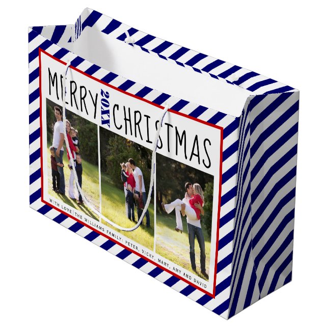 Personalisierte Frohe Weihnachtsblauen Streifen Fo Große Geschenktüte (Vorderseite Schrägansicht)