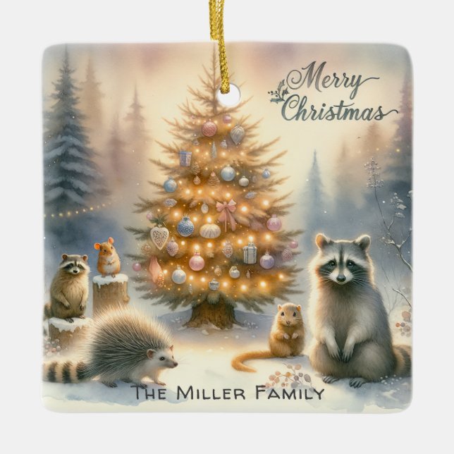 Personalisierte frohe Weihnachtswildlandtiere Keramikornament (Vorderseite)