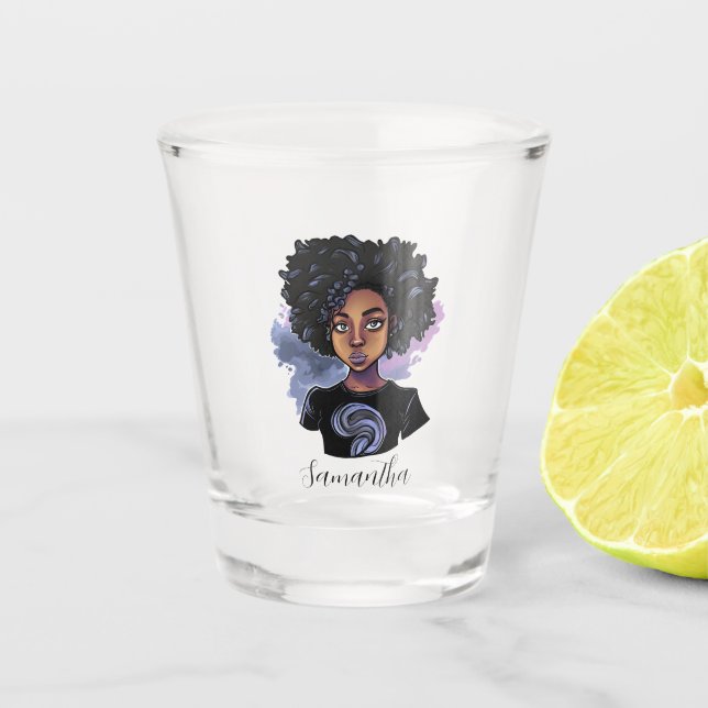 Personalisierte funkelnde afroamerikanische Frau Schnapsglas (Vorderseite)