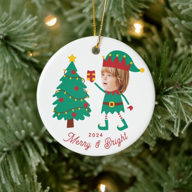 Personalisierte Funny Face Foto Christmas Elf Fami Keramik Ornament (Baum)