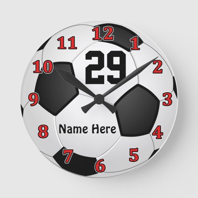 Personalisierte Fußballuhren mit NAME und NUMMER Runde Wanduhr (Vorderseite)