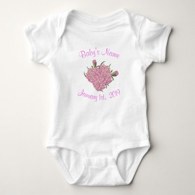 Personalisierte Geburts-Blume der rosa Gartennelke Baby Strampler (Vorderseite)
