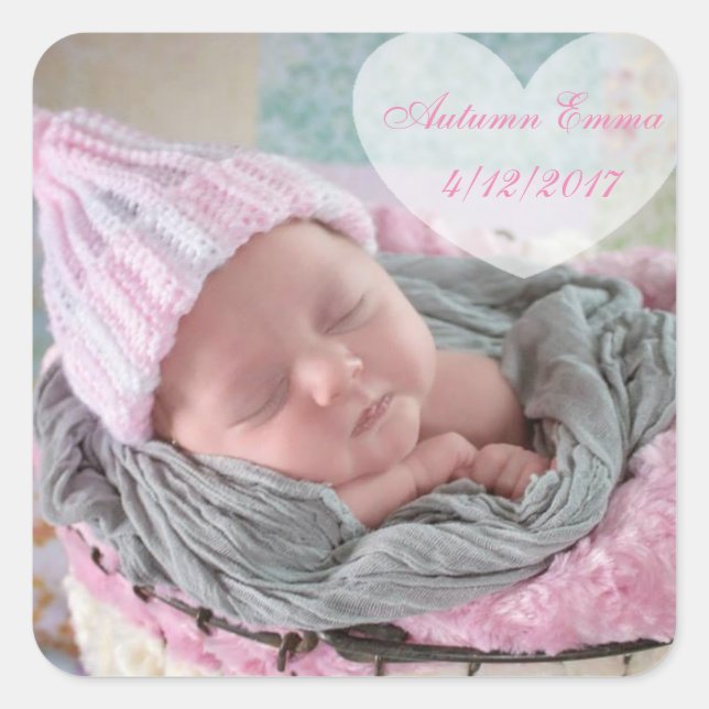 Personalisierte Geburtsankündigung Baby-Foto-Stick Quadratischer Aufkleber (Vorderseite)