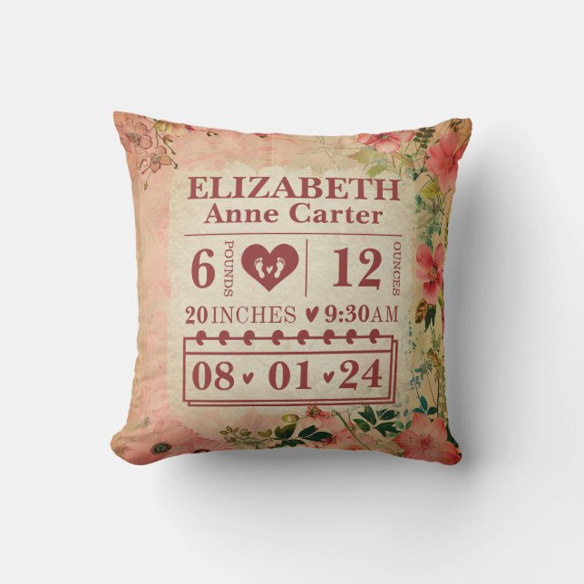 Personalisierte Geburtsstadien Vintage Blüte Kissen (Vorderseite)