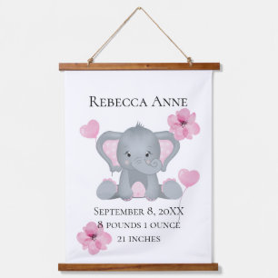 Personalisierte Geburtsstatistik Baby Elefant Pink Wandteppich Mit Holzrahmen