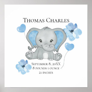 Personalisierte Geburtsstatistiken Baby Elefant Bl Poster