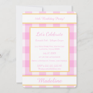 Personalisierte Geburtstags-Gingham-Rosa-Einladung Einladung