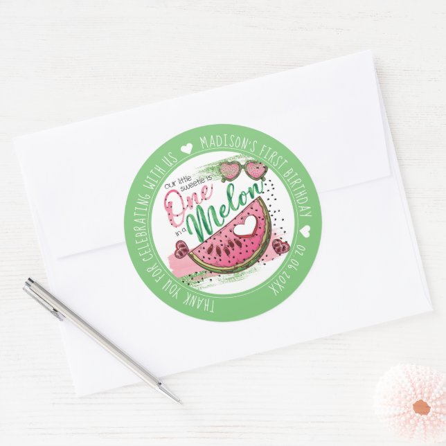 Personalisierte Geburtstagsparty in Melon Runder Aufkleber (Umschlag)
