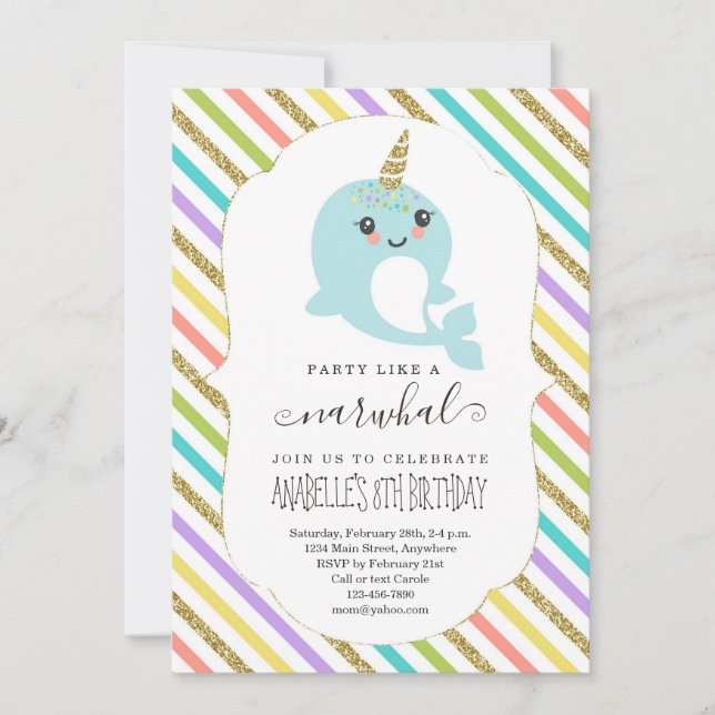 Personalisierte Geburtstagsparty von Narwhal Theme Einladung (Vorderseite)