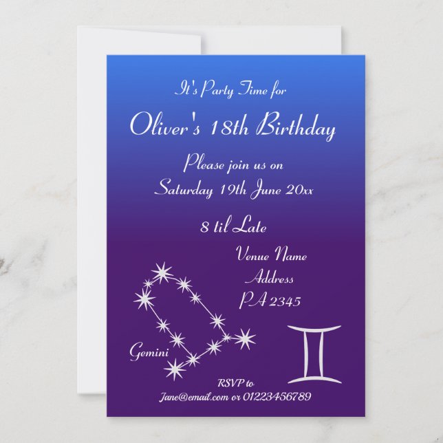 Personalisierte Gemini Zodiac Galaxie Party Einlad Einladung (Vorderseite)