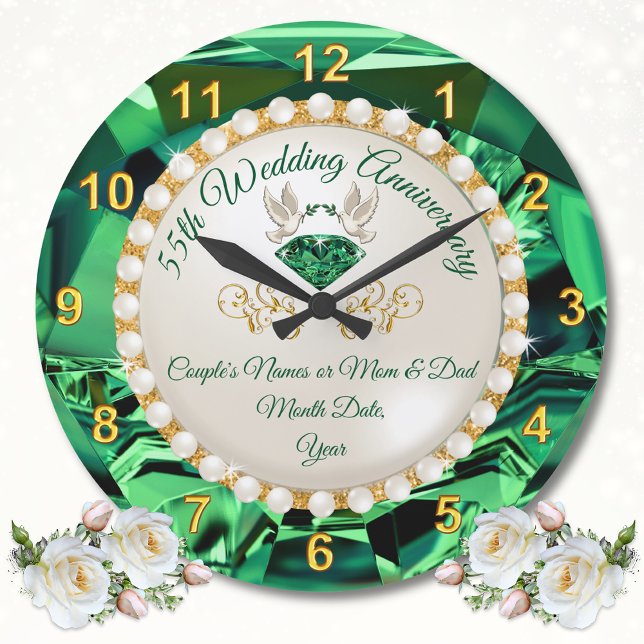 Personalisierte Geschenke für die Smaragddwoche zu Große Wanduhr (Emerald Green Wall Clock. Personalised, 55th wedding anniversary gift ideas for parents. 55 year.)