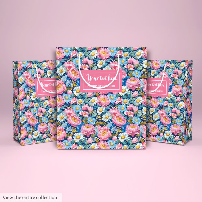 Personalisierte Geschenkpackung in Rosa und Blau Mittlere Geschenktüte (Personalized hot pink and blue floral gift wrap Medium Gift Bag)