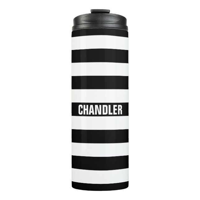 Personalisierte gestreifte Schwarzweiss-Trommel Thermosbecher (Vorderseite)
