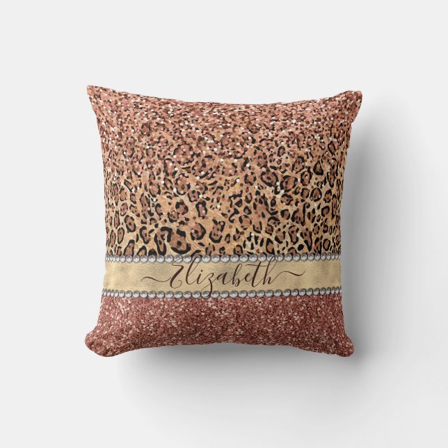 Personalisierte Girl Rose Gold Glitzer Leopard Kissen (Vorderseite)