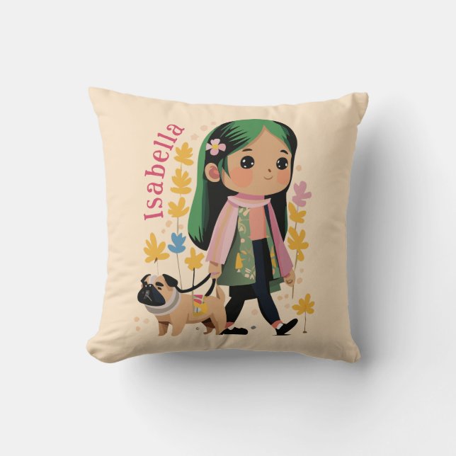 Personalisierte Girl Walking mit Mops Kissen (Vorderseite)