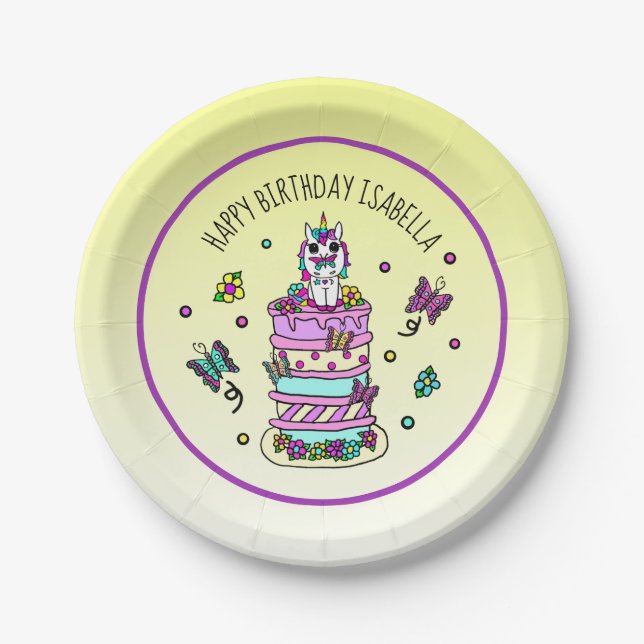 Personalisierte Girl's Birthday Unicorn Butterflie Pappteller (Vorderseite)