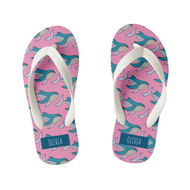 Personalisierte Girls Pink Blue Whale Ocean Patter Kinderbadesandalen (Fußbett)