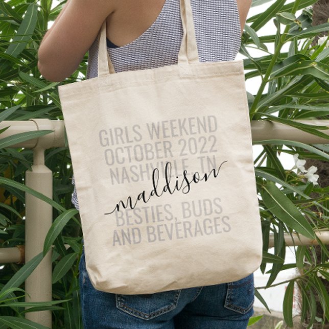 Personalisierte Girls Wochenendreise Tragetasche (Girls Weekend Trip Personalized Canvas Tote Bag with Names, Date, and Location and fun quote.)