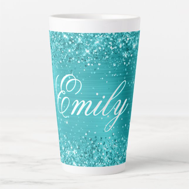 Personalisierte Glitterie Türkis Blaue Forelle Milchtasse (Vorderseite)